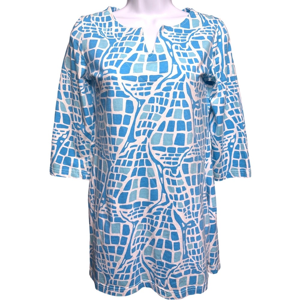 BARBARA GERWIT Womens Blue Geometric Notch Neck Tunic Top Sz S Palm Beach Casual